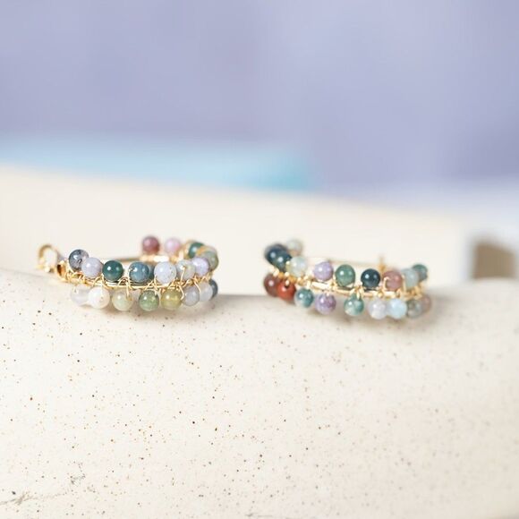 18K Gold Plated Boho Style Hoop Earrings 18K Colorful Natural Stone Hoops Gift - Picture 4 of 7